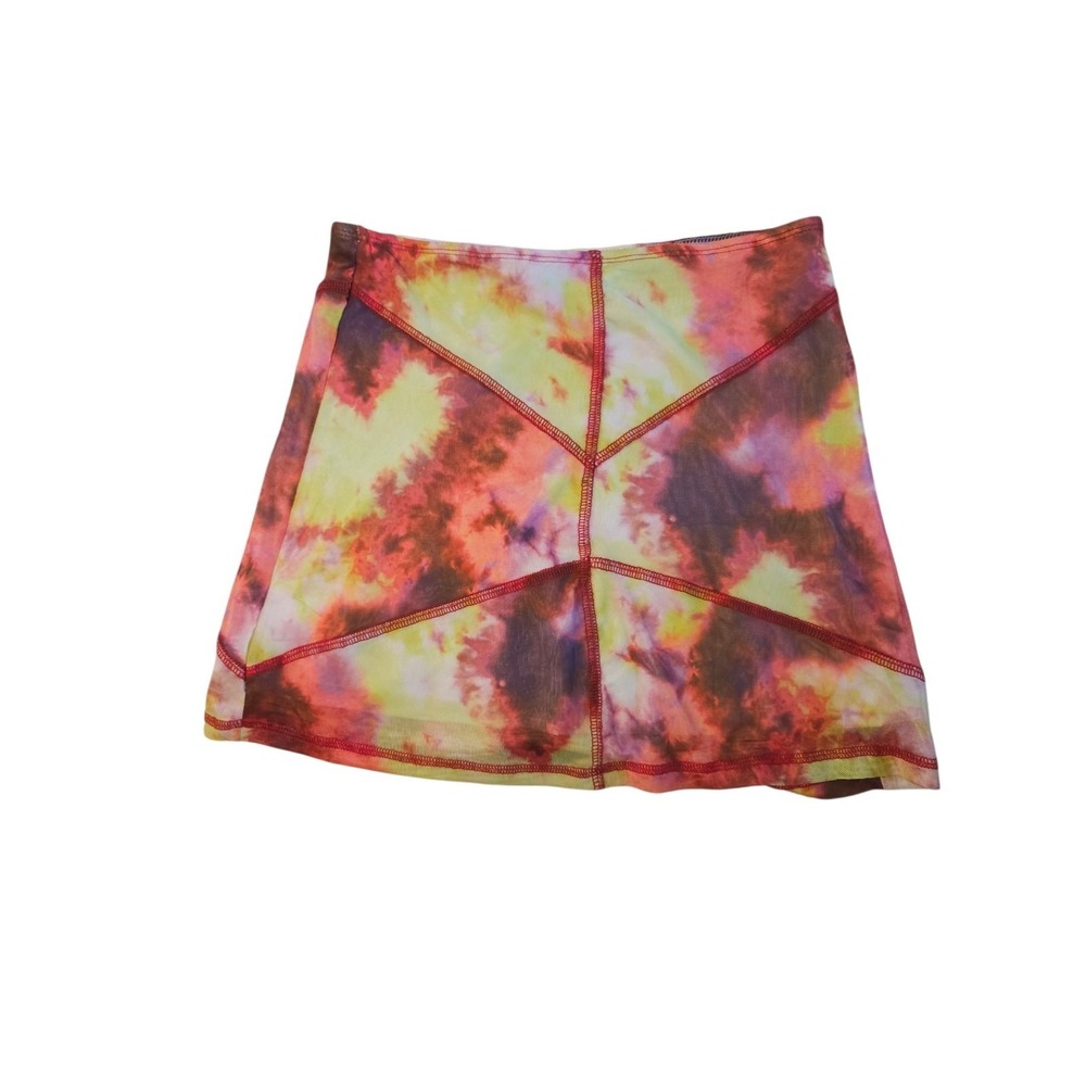 Club‎ Exx Red Stiched Tie dye Pink Yellow Bodycon Mini Skirt Stretch S NWOT